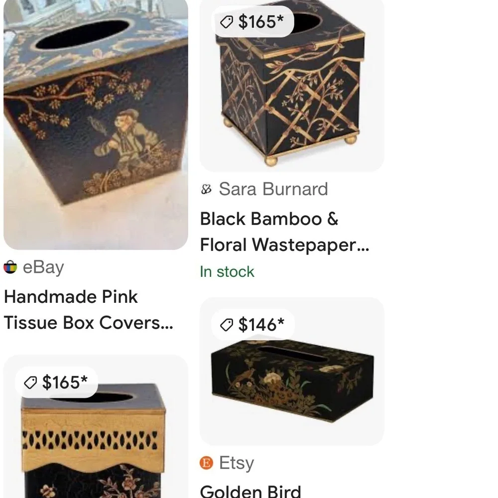 Vintage Chinoiserie Hand Painted Tissue Box Cover Black Gold Floral